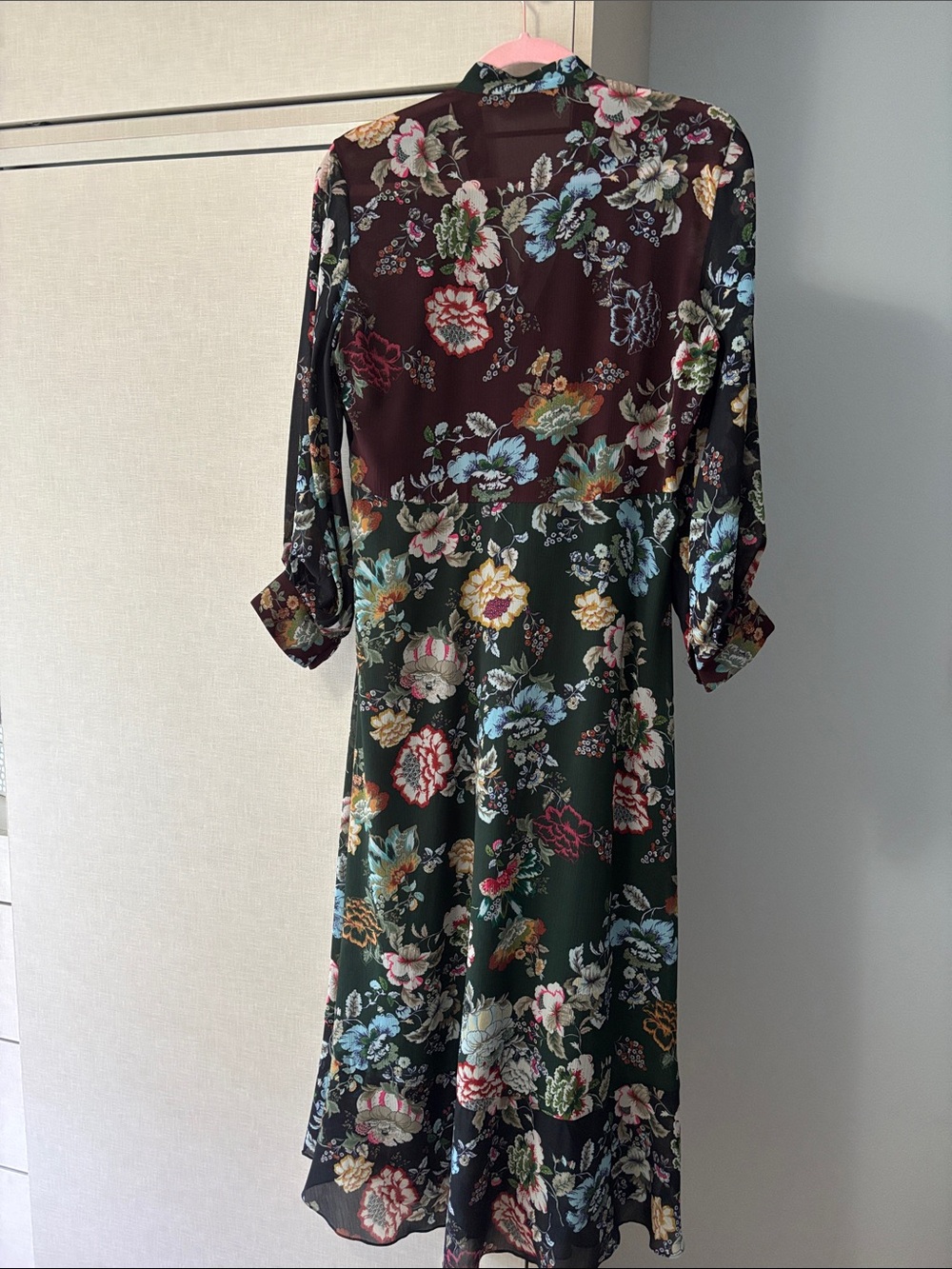 Zara Woman size M Floral Tie-Neck Midi Dress in Dark Green and Burgundy - Picture 4 of 6